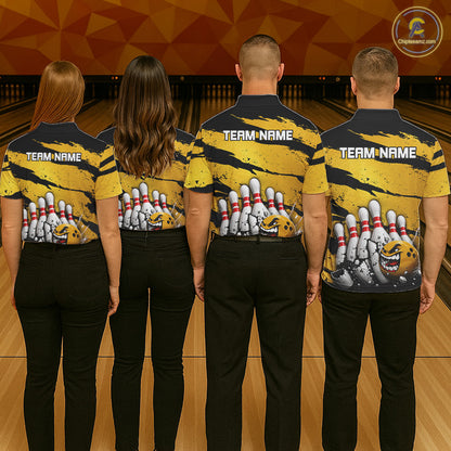 Bowling team wearing yellow grunge cracked bowling ball and pins shirts custom bowling league jerseys
