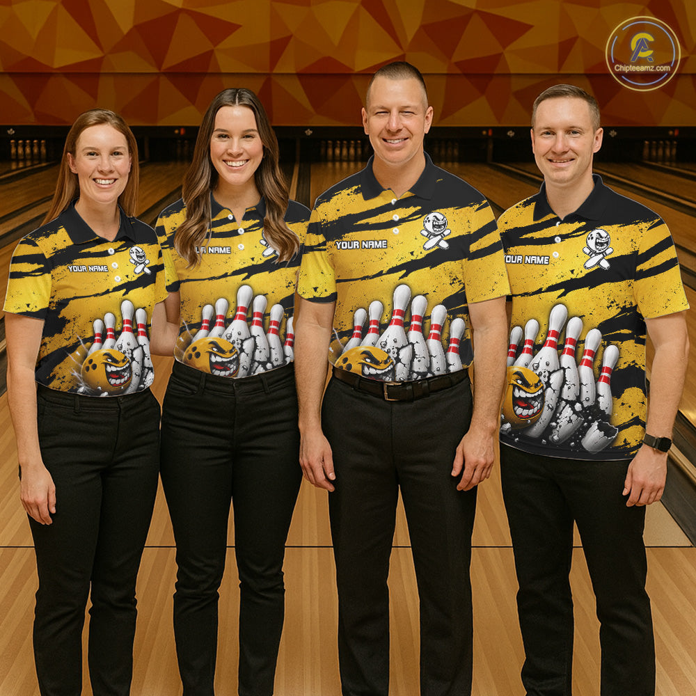 Bowling team wearing yellow grunge cracked bowling ball and pins shirts custom bowling league jerseys