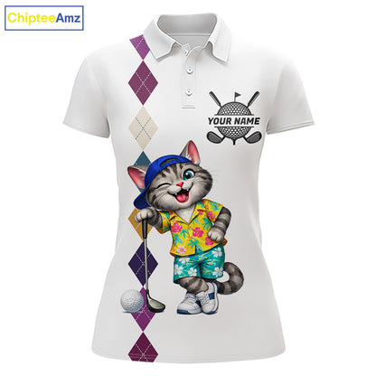 Womens Colorful Argyle Golf Shirts Custom Cat Golfer Clothing Golf Polo Jersey, Best Golf Gifts NYN3052