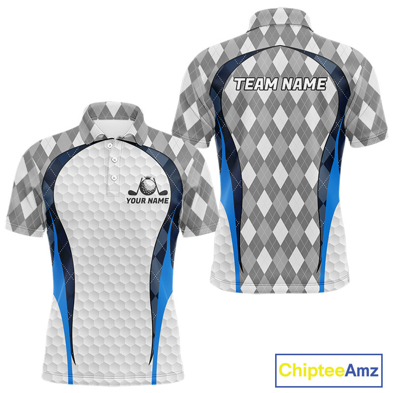Blue And Grey Argyle Polo Golf Shirts For Men Custom White Ball Golf Team Attire For Golfers NYN3058