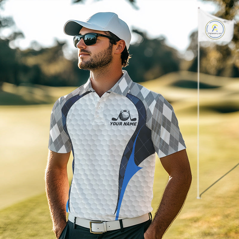Blue And Grey Argyle Polo Golf Shirts For Men Custom White Ball Golf Team Attire For Golfers NYN3058