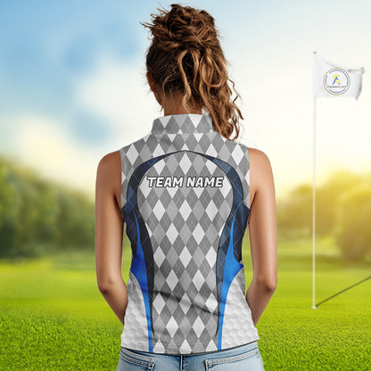 Blue And Grey Argyle Sleeveless Polo Golf Shirts For Women Custom White Ball Golf Attire For Golfers NYN3058