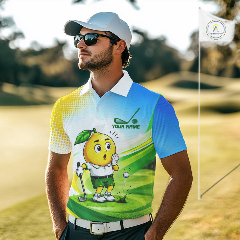 Man wearing funny lemon golf polo shirt during golf tournament