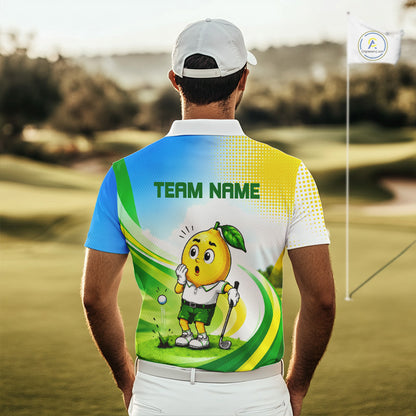 Man wearing funny lemon golf polo shirt during golf tournament