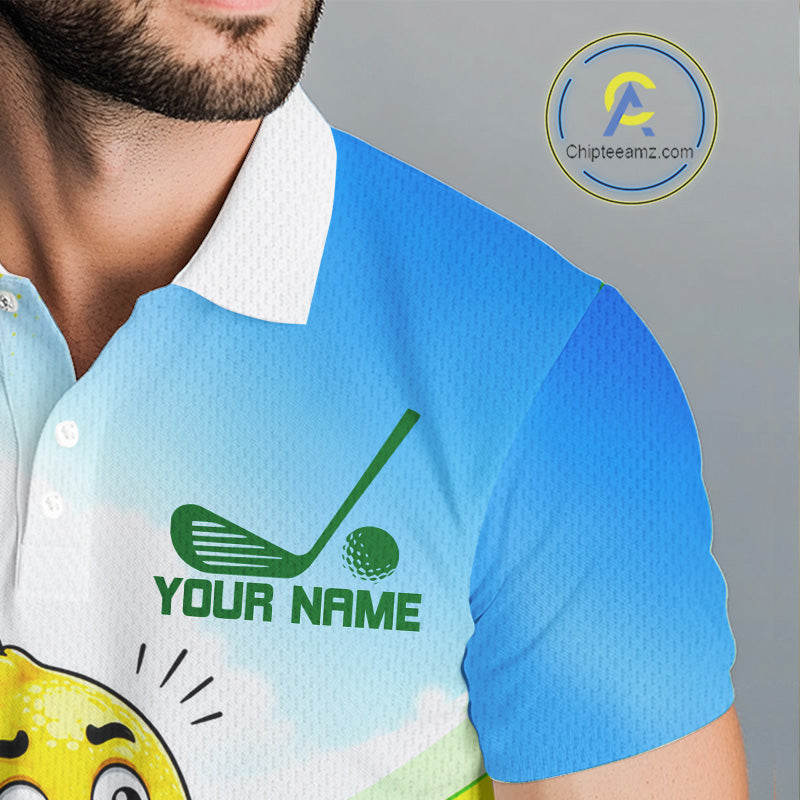 Man wearing funny lemon golf polo shirt during golf tournament