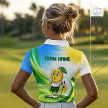 Load image into Gallery viewer, Woman wearing funny lemon golf polo shirt during golf tournament