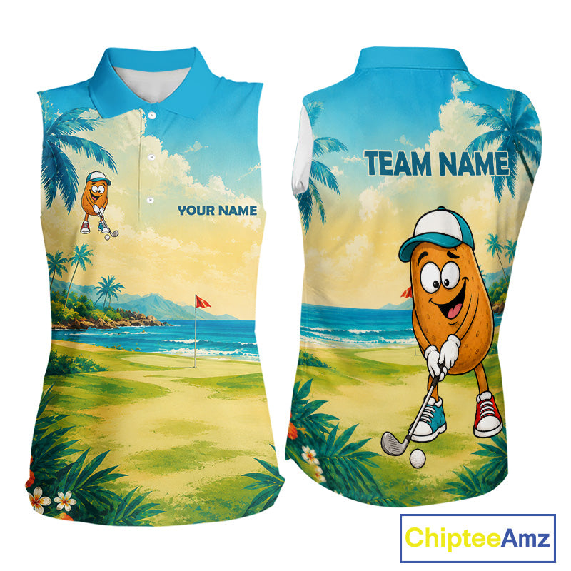 Women's funny potato golf sleeveless polo shirt mockup tropical golf apparel