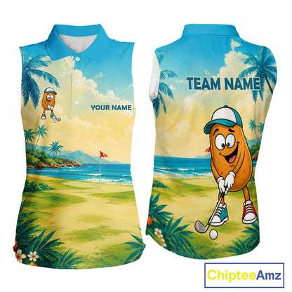 Women's funny potato golf sleeveless polo shirt mockup tropical golf apparel