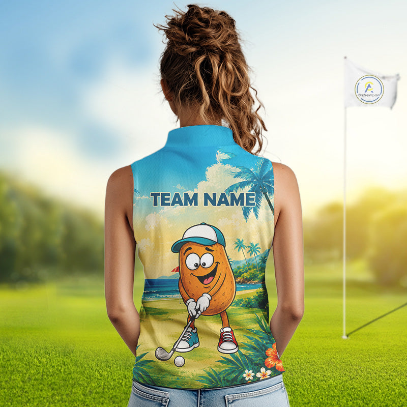 Woman wearing funny potato golf sleeveless polo shirt during golf tournament