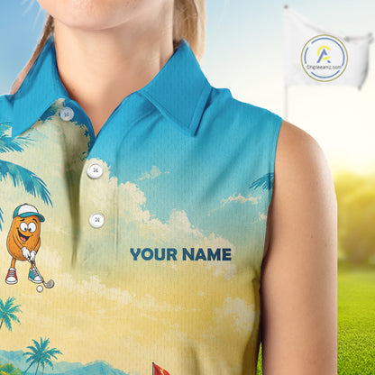 Woman wearing funny potato golf sleeveless polo shirt during golf tournament