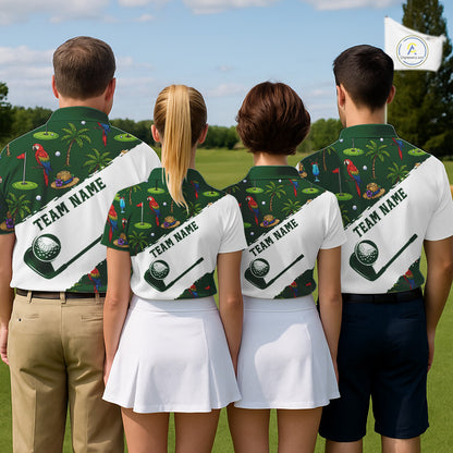 Men's golf team wearing tropical parrot palm tree golf polo shirts