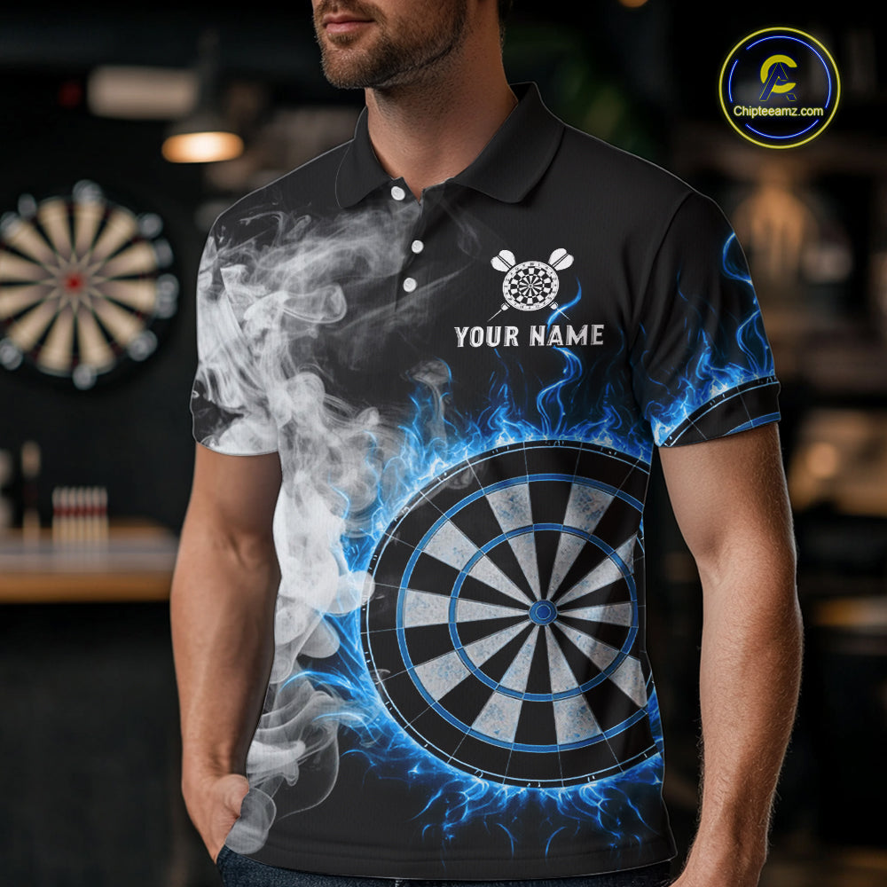 Custom White Smokes Blue Flames Dartboard Dart Men Polo Jerseys Dart Team Shirt NYN1668