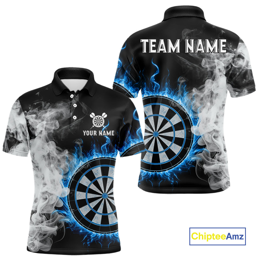 Custom White Smokes Blue Flames Dartboard Dart Men Polo Jerseys Dart Team Shirt NYN1668