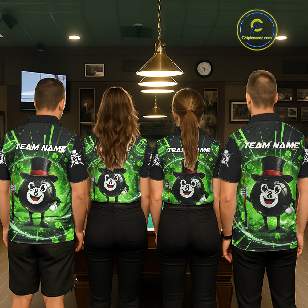 Funny Patrick Day 8 Ball Pool Men's Billiard Polo & 1/4 Zip Shirt Custom Shamrock Billiard Attire NYN2479