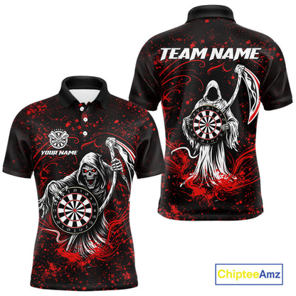 Black & Red Splatter Grim Reaper Hold Dartboard Dart Polo Shirts For Men Custom Dart Team Shirts NYN2681