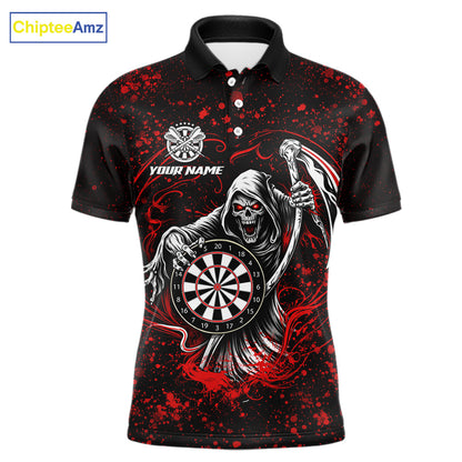 Black & Red Splatter Grim Reaper Hold Dartboard Dart Polo Shirts For Men Custom Dart Team Shirts NYN2681