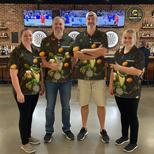 Load image into Gallery viewer, Men's dart team wearing beer and alligator dart jerseys custom tournament uniforms