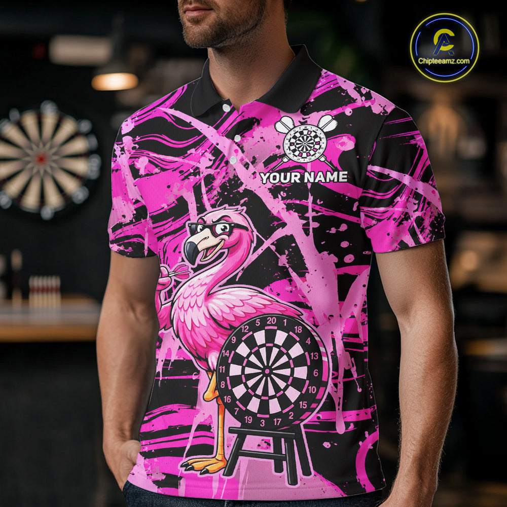Man wearing funny flamingo pink dart shirt custom tournament apparel