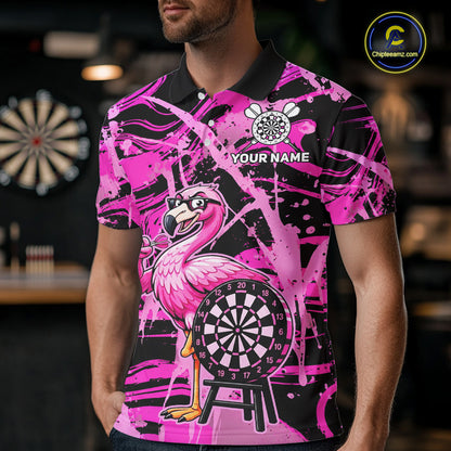 Man wearing funny flamingo pink dart shirt custom tournament apparel