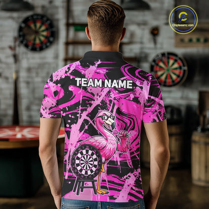 Man wearing funny flamingo pink dart shirt custom tournament apparel