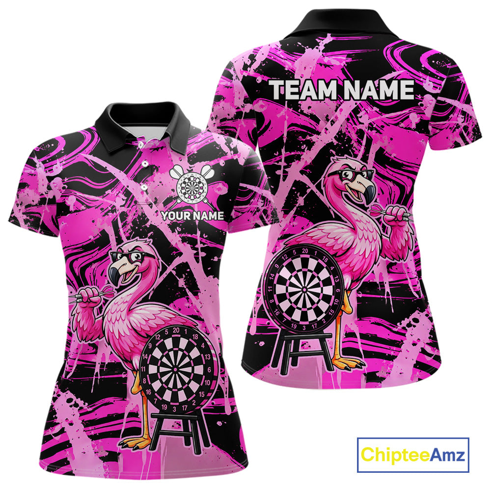 Women's funny flamingo dart polo shirt mockup pink splatter dart jersey