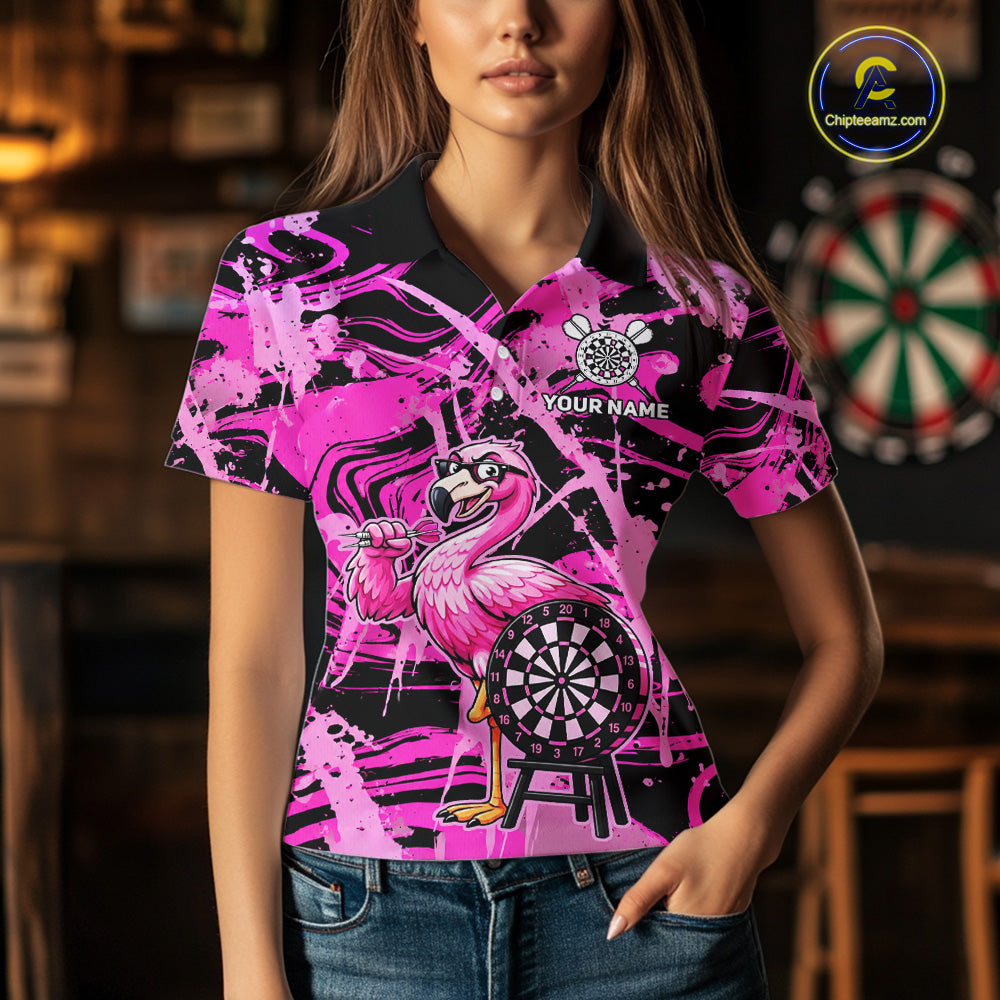 Woman wearing funny flamingo pink dart shirt custom tournament apparel