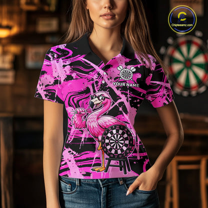 Woman wearing funny flamingo pink dart shirt custom tournament apparel