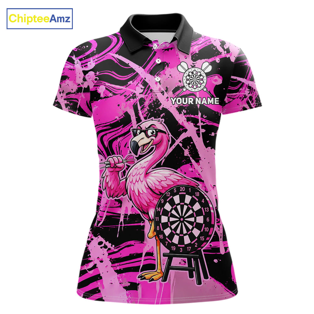 Women's funny flamingo dart polo shirt mockup pink splatter dart jersey