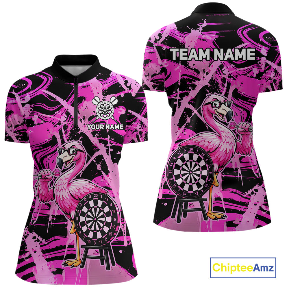 Women's funny flamingo dart quarter zip shirt mockup pink dart team apparel