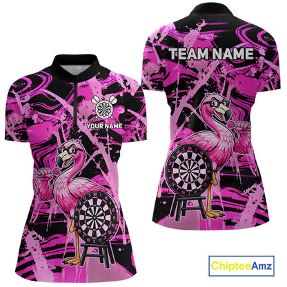 Women's funny flamingo dart quarter zip shirt mockup pink dart team apparel