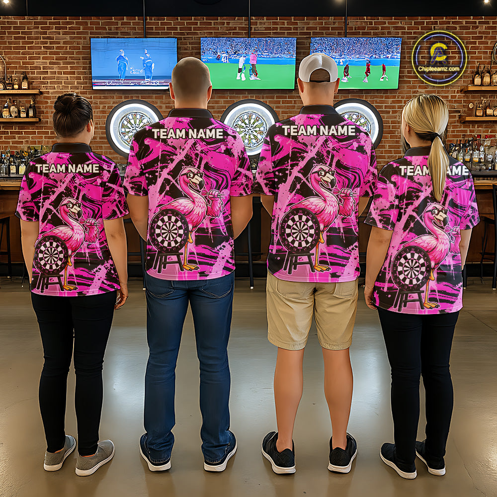 Men's dart team wearing pink flamingo dart jerseys custom uniforms