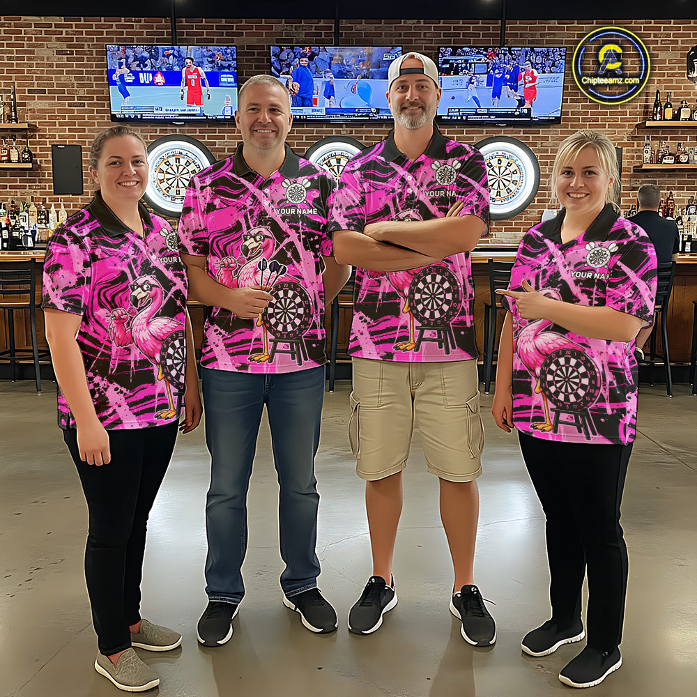 Men's dart team wearing pink flamingo dart jerseys custom uniforms