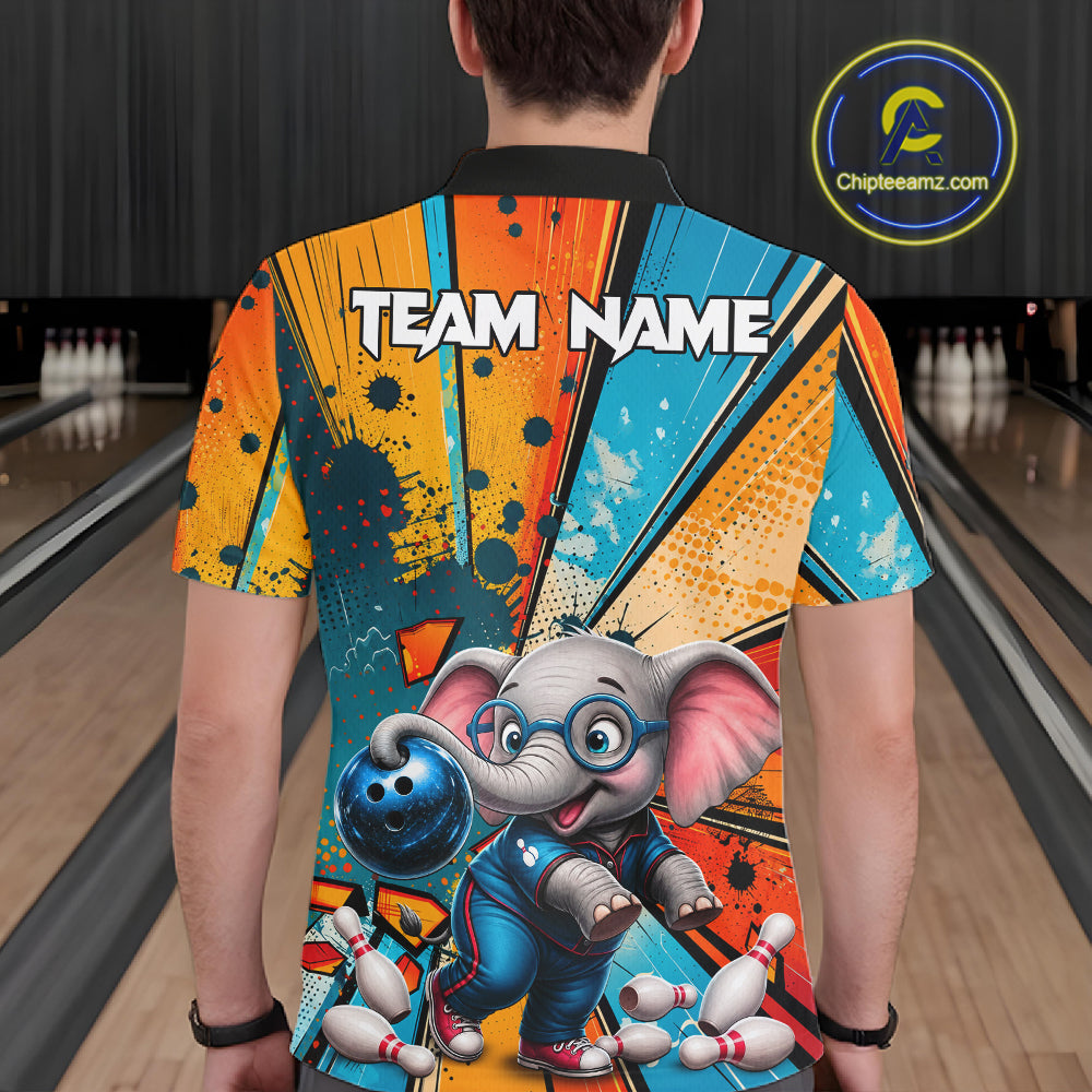 Male bowler modeling Funny Elephant bowling shirt featuring playful mascot artwork, confidence, teamwork, community spirit, custom tournament apparel, athletic lifestyle clothing.