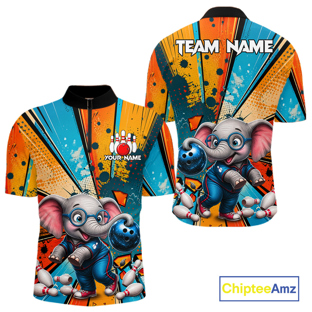 Funny Elephant Quarter-Zip Bowling Jersey featuring custom team logo, elephant mascot, quick-dry athletic fabric, custom bowling league apparel, performance clothing.