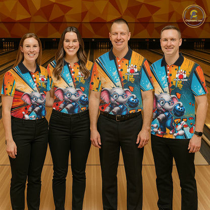 Bowling team wearing matching Funny Elephant jerseys with personalized names, mascot-inspired uniforms, family bowling league apparel, corporate team building, friendship, loyalty, teamwork, fun competition, championship spirit.