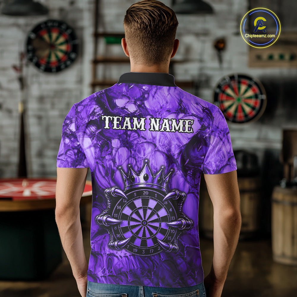 Male dart player wearing Purple Crown Dartboard dart team jersey during tournament play and league competition
