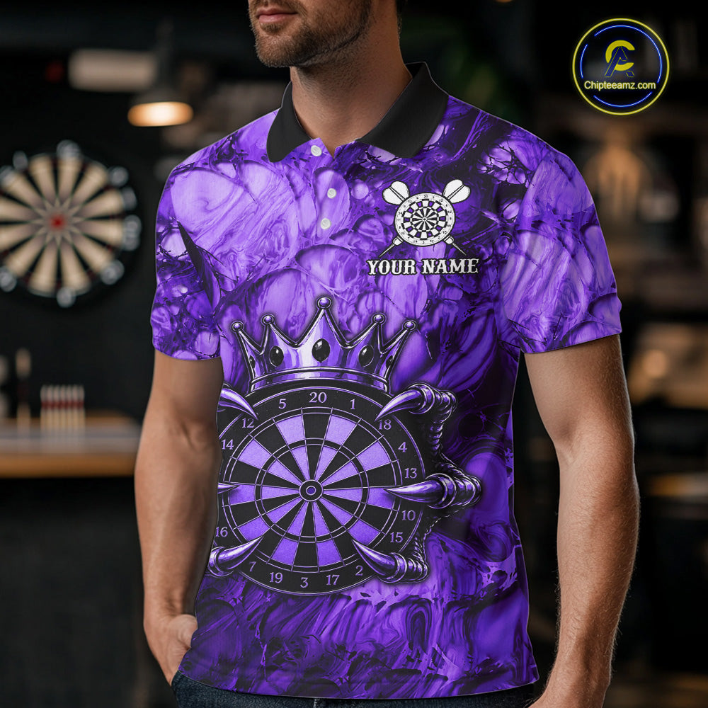 Male dart player wearing Purple Crown Dartboard dart team jersey during tournament play and league competition
