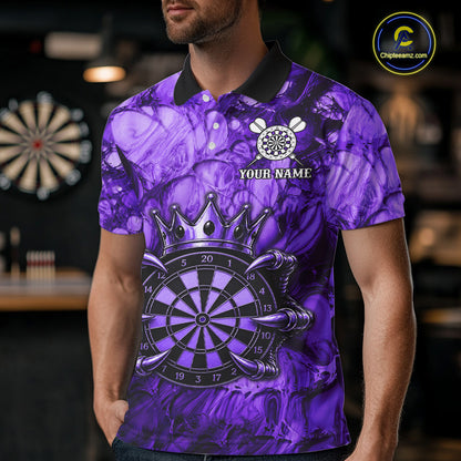 Male dart player wearing Purple Crown Dartboard dart team jersey during tournament play and league competition