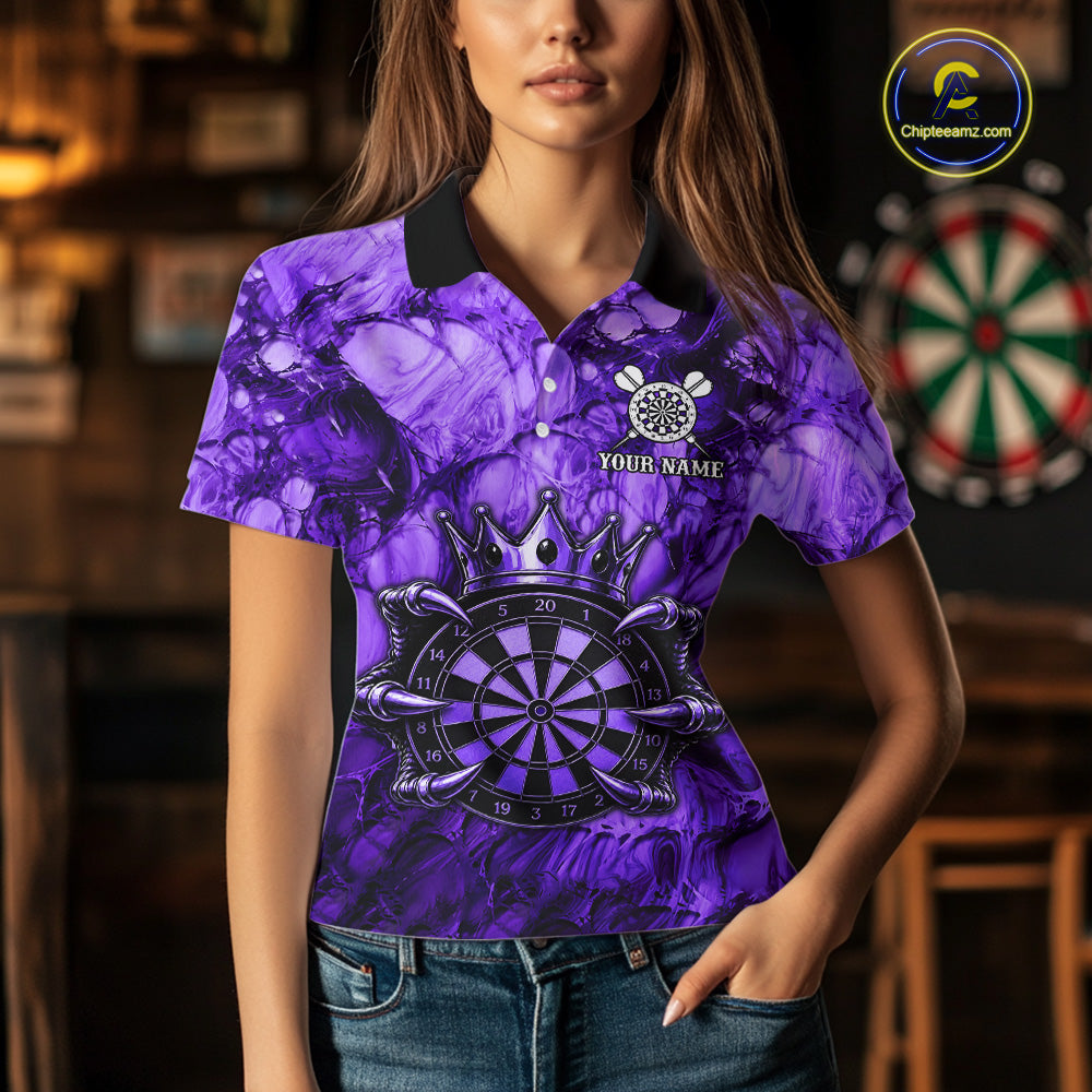 Female dart player wearing Purple Crown Dartboard dart team jersey during tournament play
