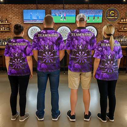 Men women dart team wearing Purple Crown Dartboard personalized dart jerseys for tournament competition