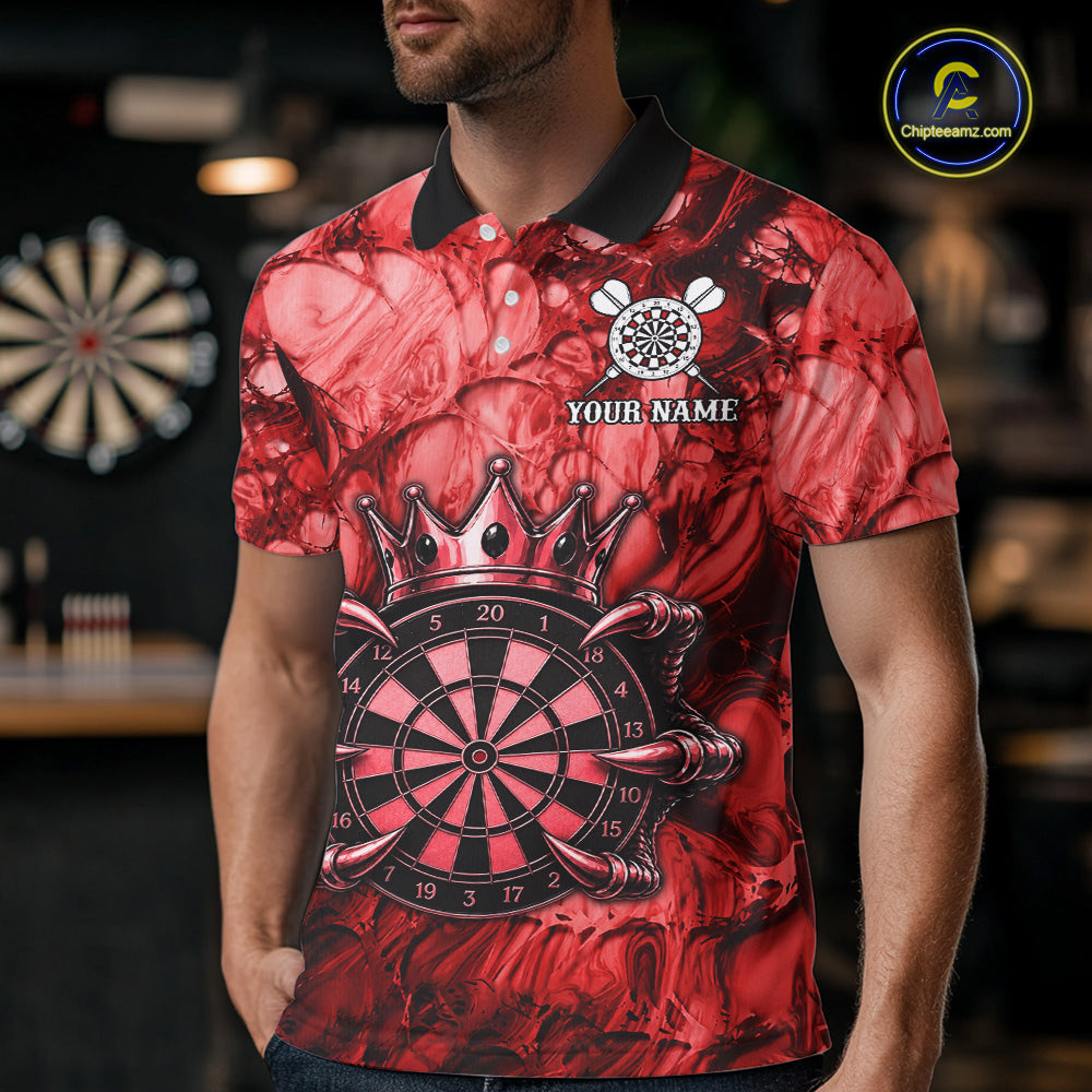 Male dart player wearing Red Crown Dartboard custom dart uniform for league competition and dart tournaments