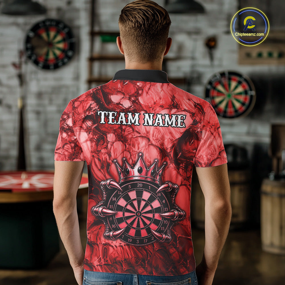 Male dart player wearing Red Crown Dartboard custom dart uniform for league competition and dart tournaments