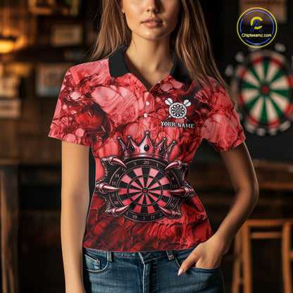 Female dart player wearing Red Crown Dartboard custom dart uniform for league competition