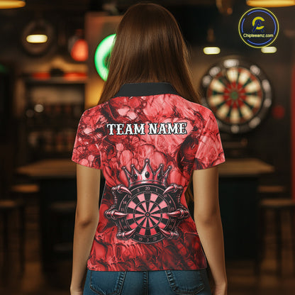 Female dart player wearing Red Crown Dartboard custom dart uniform for league competition
