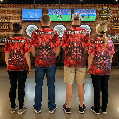 Men women dart team wearing Red Crown Dartboard custom dart uniforms and league apparel
