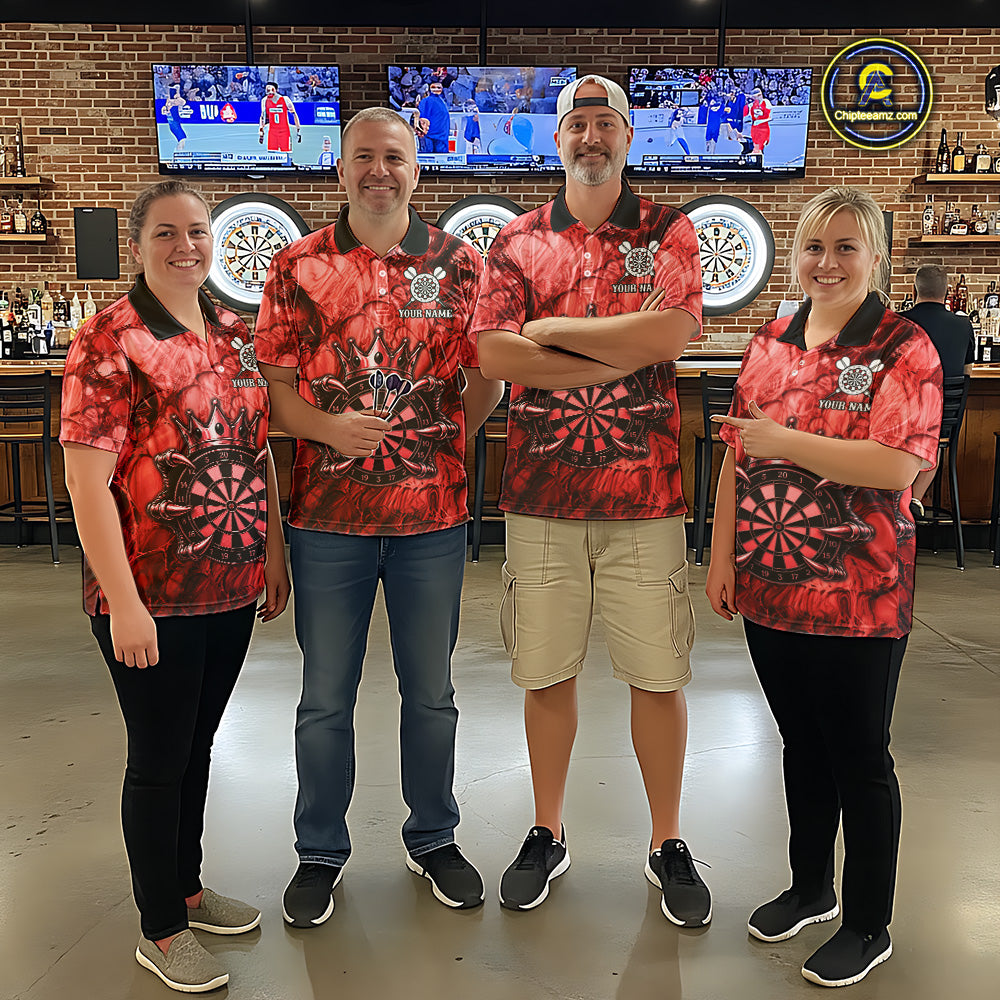Men women dart team wearing Red Crown Dartboard custom dart uniforms and league apparel