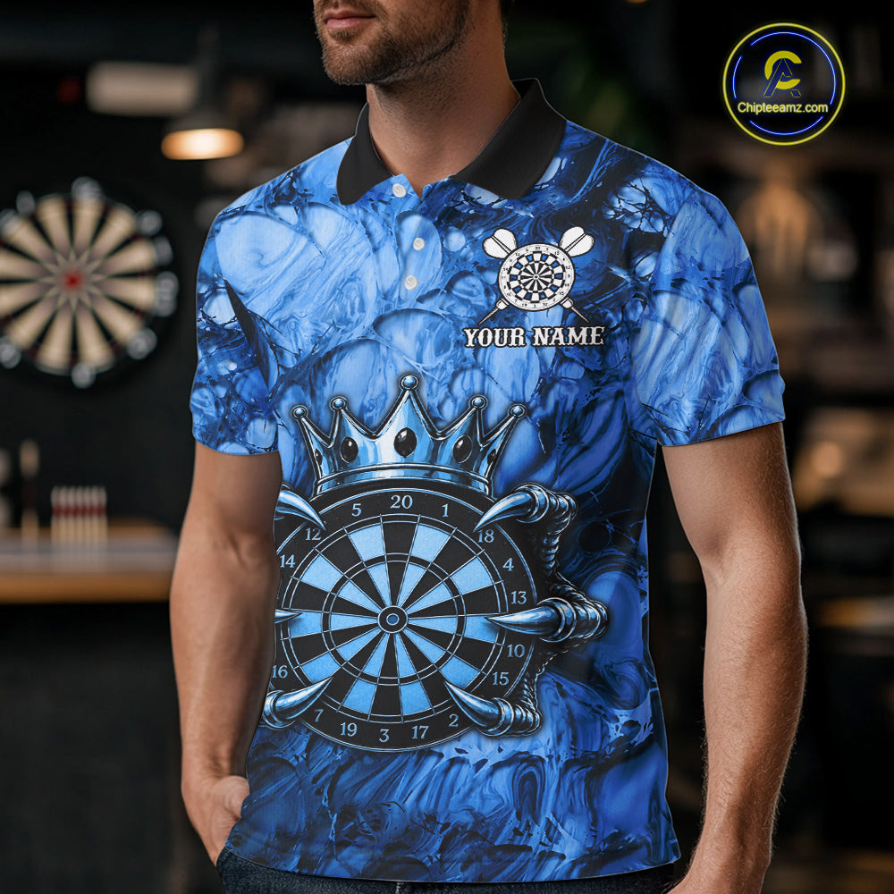 Male dart player wearing Blue Crown Dartboard personalized dart jersey, professional dart apparel and team uniform