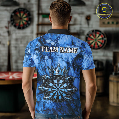 Male dart player wearing Blue Crown Dartboard personalized dart jersey, professional dart apparel and team uniform