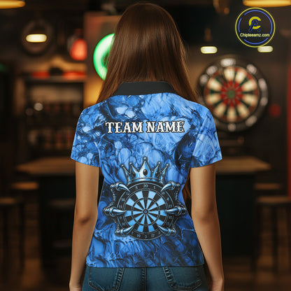 Female dart player wearing Blue Crown Dartboard personalized dart jersey, professional dart apparel