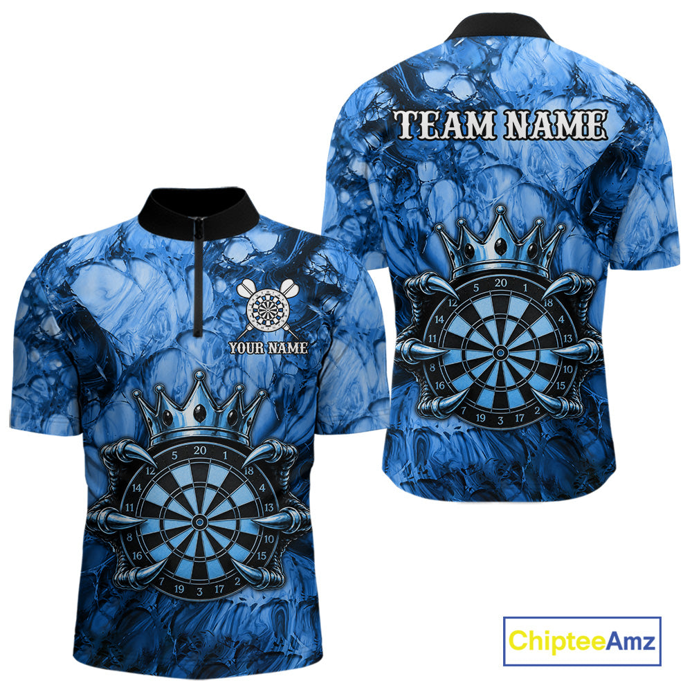Blue Crown Dartboard Claws Skull men's quarter zip dart jersey personalized dart uniform, custom name dart jersey